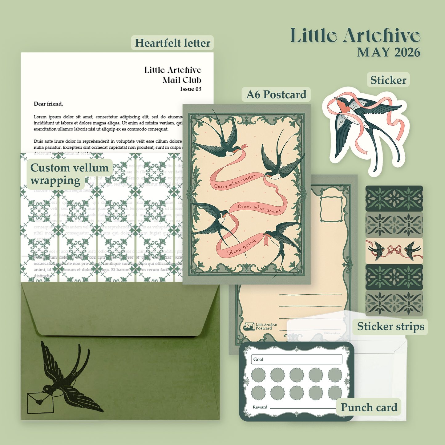 Collection of stationery items including a letter, postcard, envelope, and decorative elements on a green background.