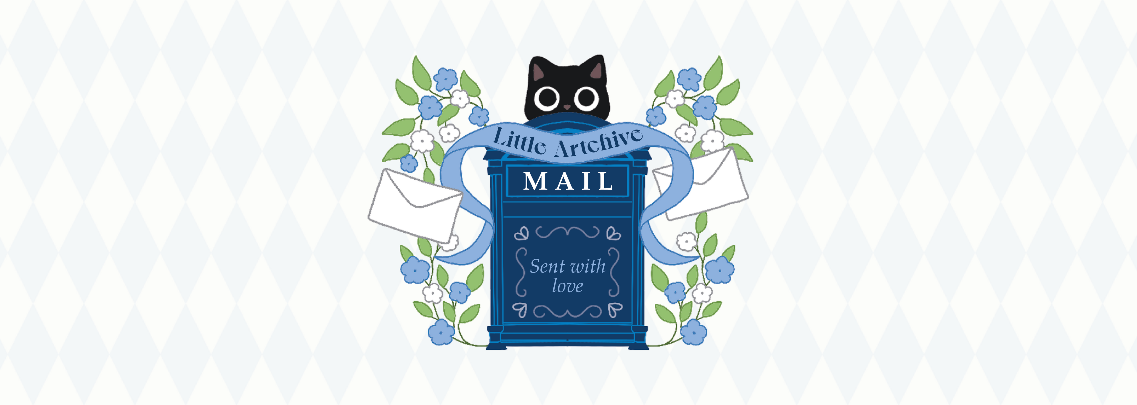 Logo with a mailbox, cat, and floral elements on a white background