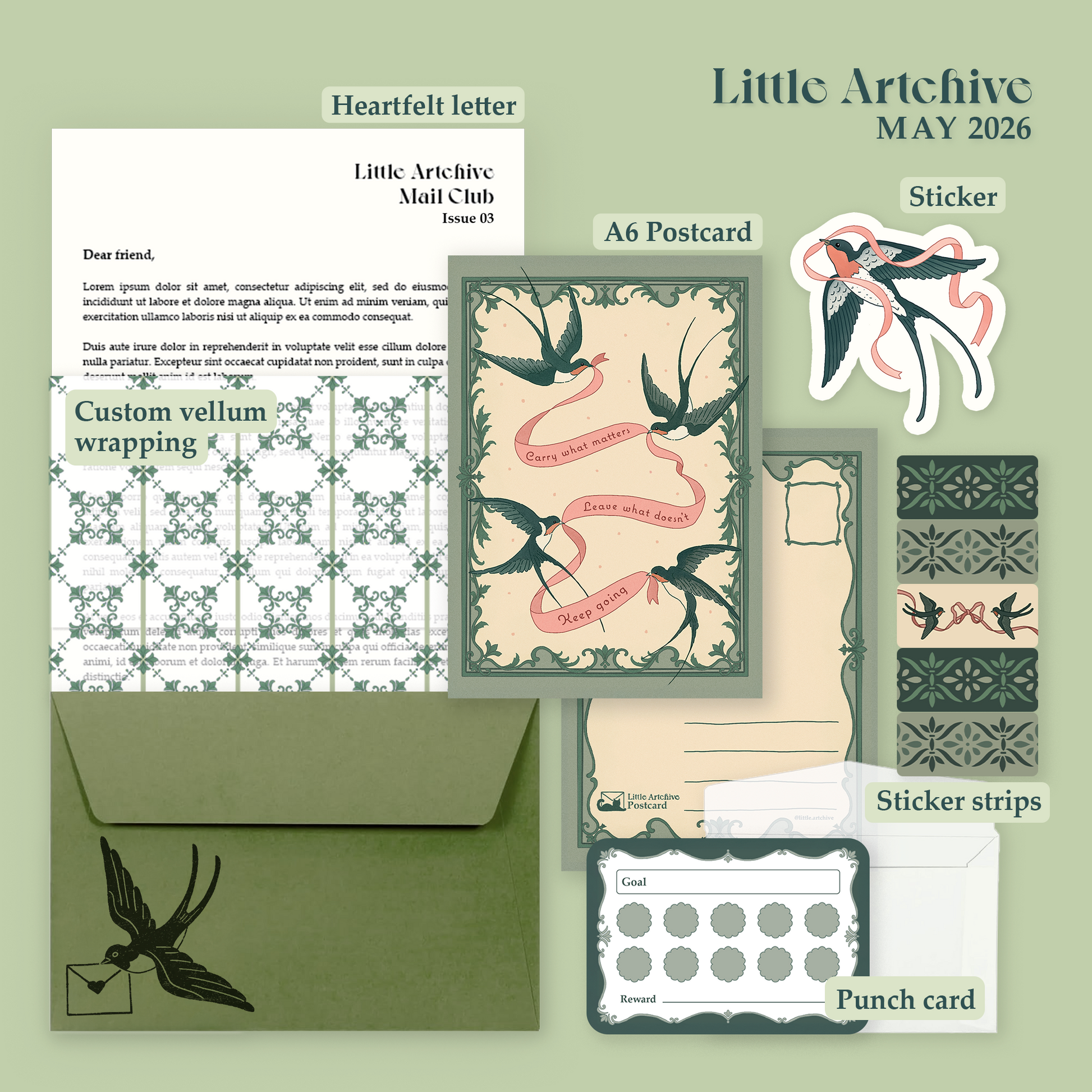 Collection of stationery items including a letter, postcard, envelope, and decorative elements on a green background.
