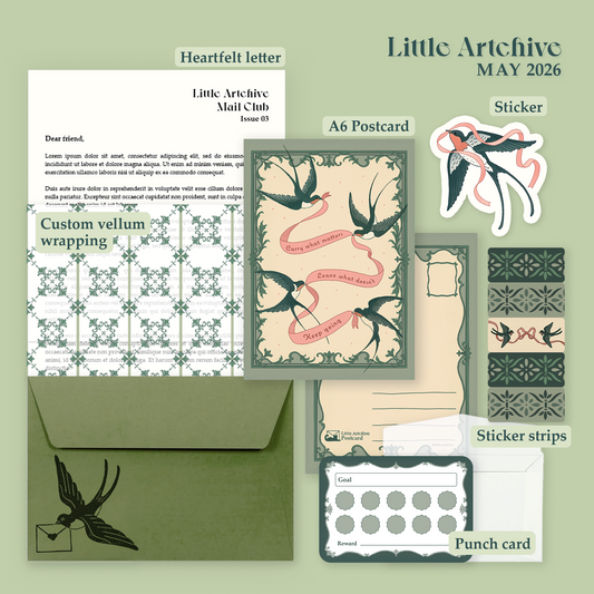 Collection of stationery items including a letter, postcard, envelope, and decorative elements on a green background.