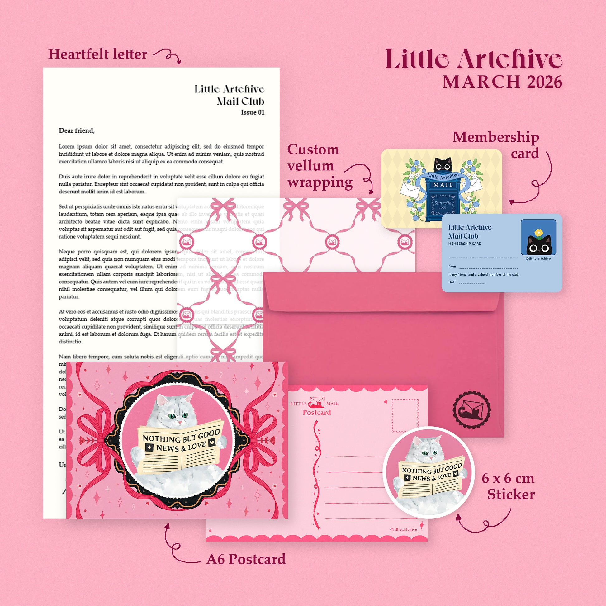 Little Artchive's March mail. A collection of stationery items including a letter, envelope and custom wrapping, postcard, sticker and membership card on a pink background.